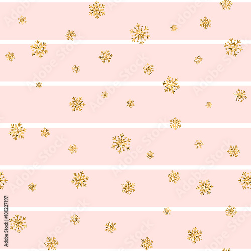 Christmas gold snowflake seamless pattern. Golden glitter snowflakes on pink white lines background. Winter snow texture design wallpaper Symbol holiday, New Year celebration Vector illustration