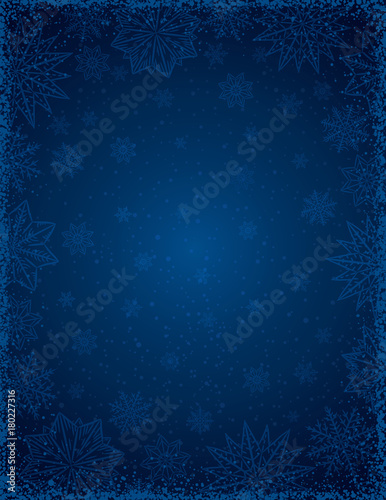 Blue christmas background with  frame of snowflakes and stars,  vector