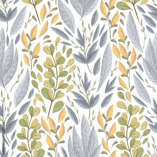 Seamless pattern with marine plants, leaves and seaweed. Hand drawn marine flora in watercolor style. Vector illustration