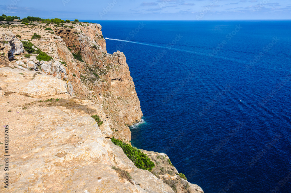 View of cliffs near Mola Lighthouse, Formentera, Spain