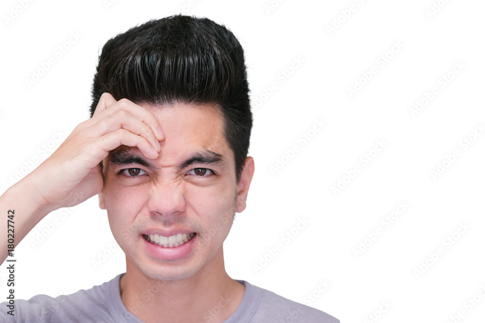 Close-up Handsome young asian man stressed isolated on white background. Human Face. Close-up Handsome young asian man stressed isolated on white background. Human Face.