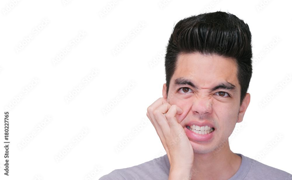 Close-up Handsome young asian having a toothache isolated on white background. Human Face. Health concepts, Close-up Handsome young asian having a toothache isolated on white background. Human Face. Health concepts,