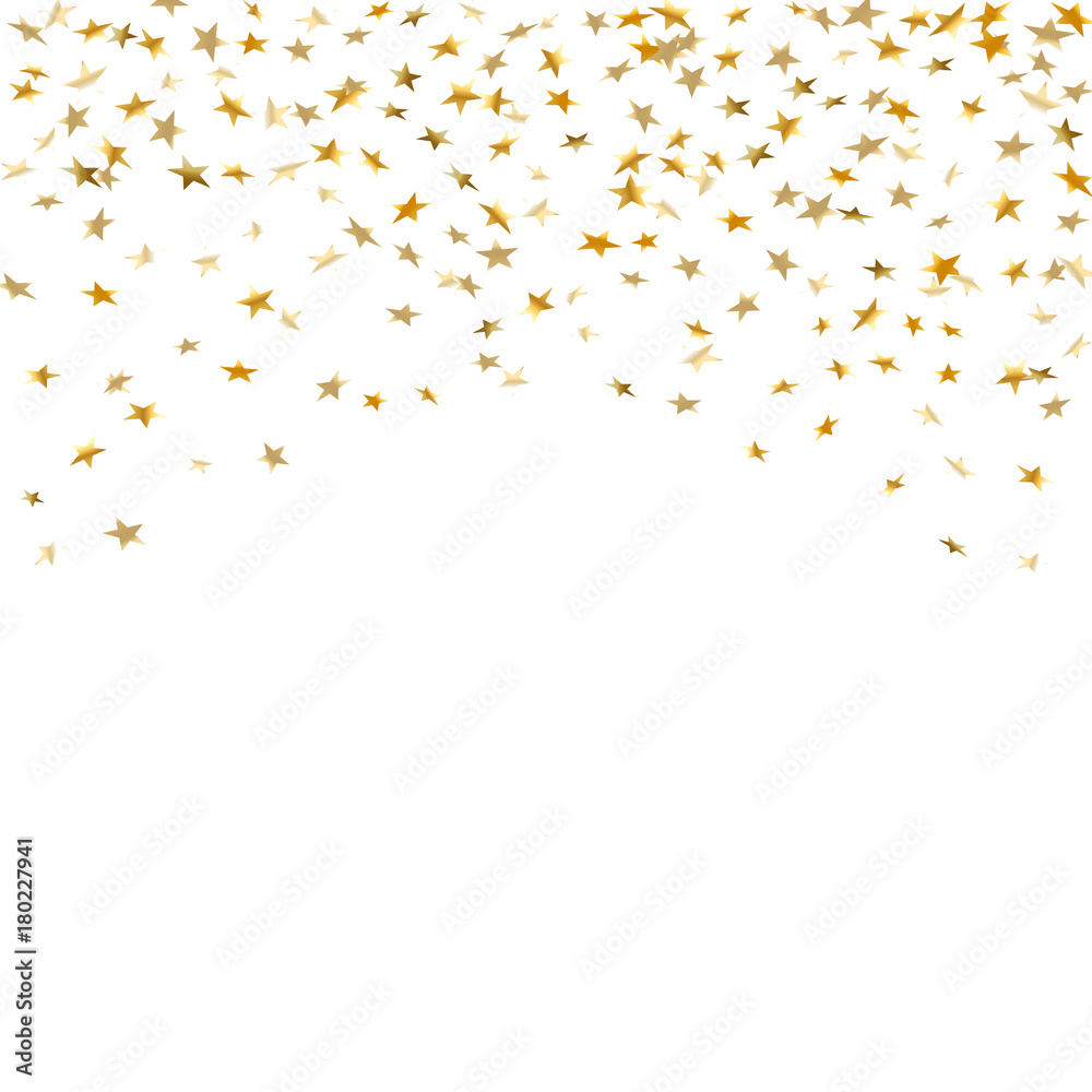 Gold stars falling confetti isolated on white background. Golden explosion confetti. Abstract decoration. Holiday stars for Christmas festive party. Shiny paper glitter Vector illusttration
