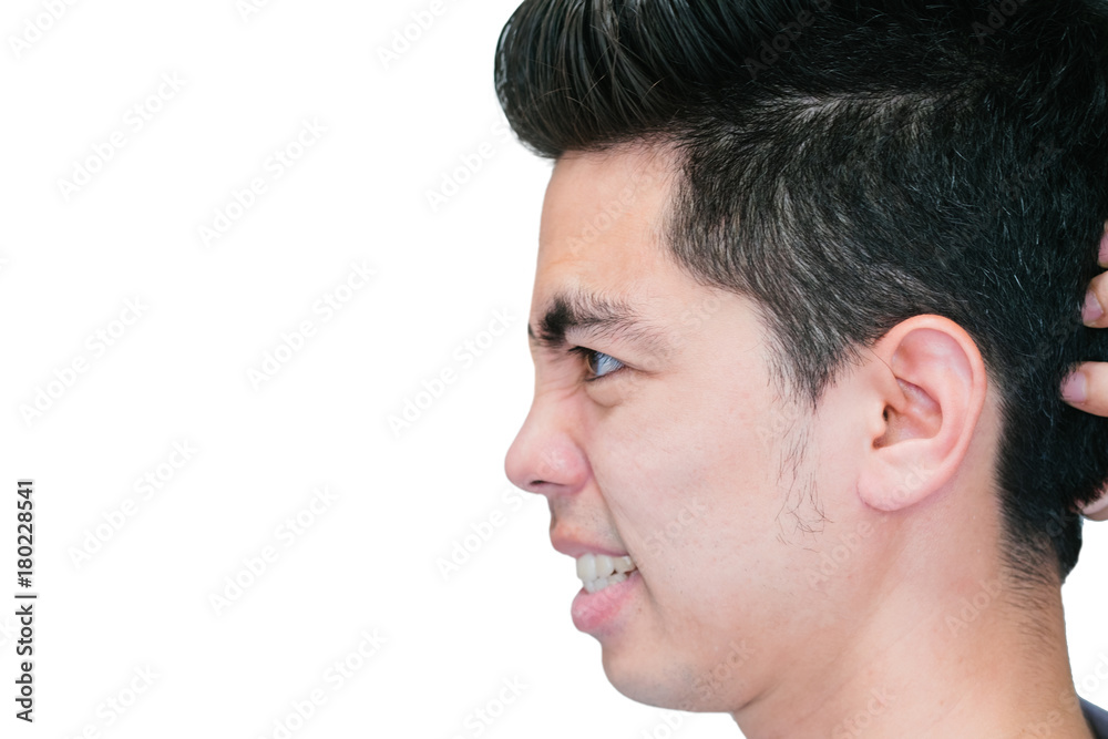 Close-up Handsome young asian man stressed isolated on white background. Human Face. Close-up Handsome young asian man stressed isolated on white background. Human Face.