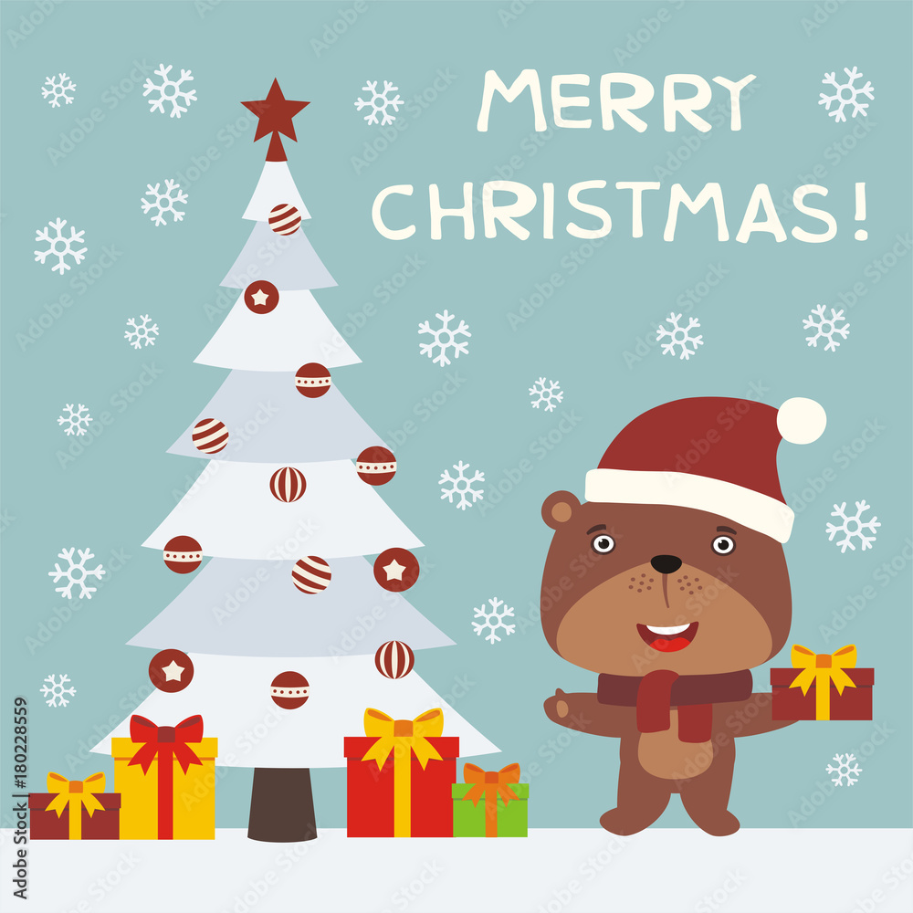 Merry Christmas! Cute teddy bear with gift near the Christmas tree. Greeting card with funny teddy bear in cartoon style. Merry Christmas! Cute teddy bear with gift near the Christmas tree. Greeting card with funny teddy bear in cartoon style.