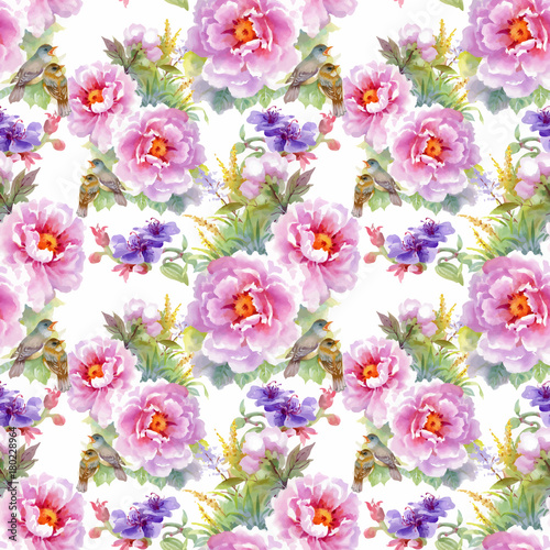 Watercolor hand drawn seamless pattern with beautiful flowers and colorful birds on white background.