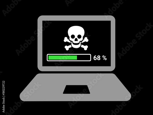 Fototapeta Naklejka Na Ścianę i Meble -  Piracy on the computer as online crriminality and robbery. Copyright infringement and illegal downloading  on the internet. Vector illustration of lapton with pirate on the screen