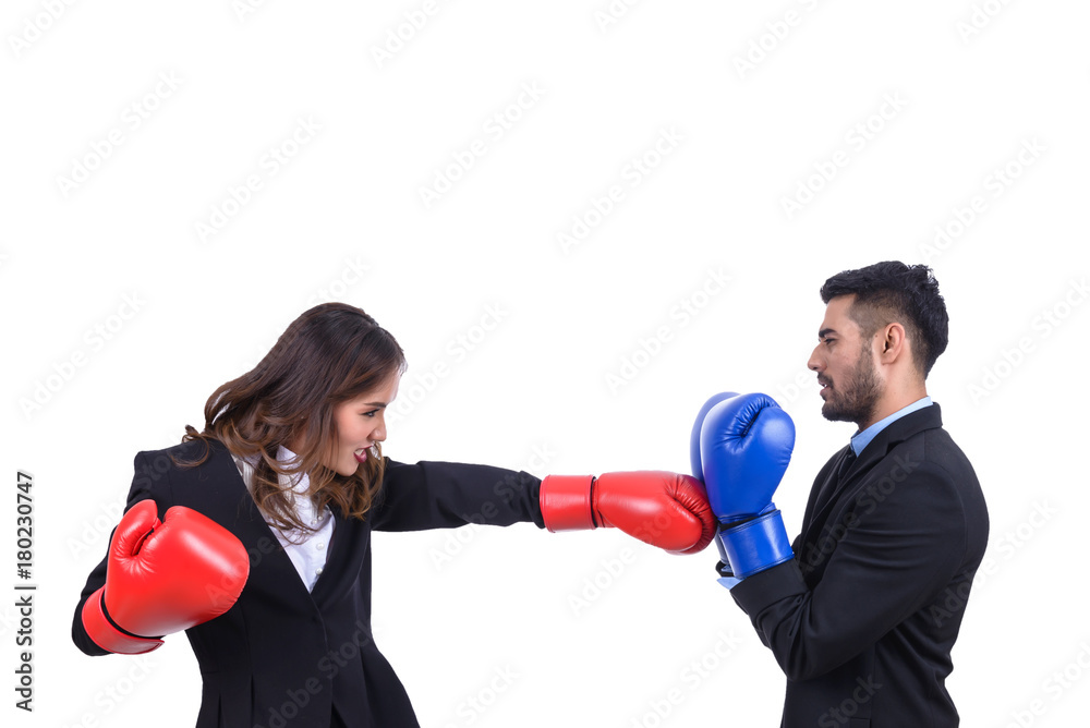Business people boxing concept,woman hit man on white background Business people boxing concept,woman hit man on white background