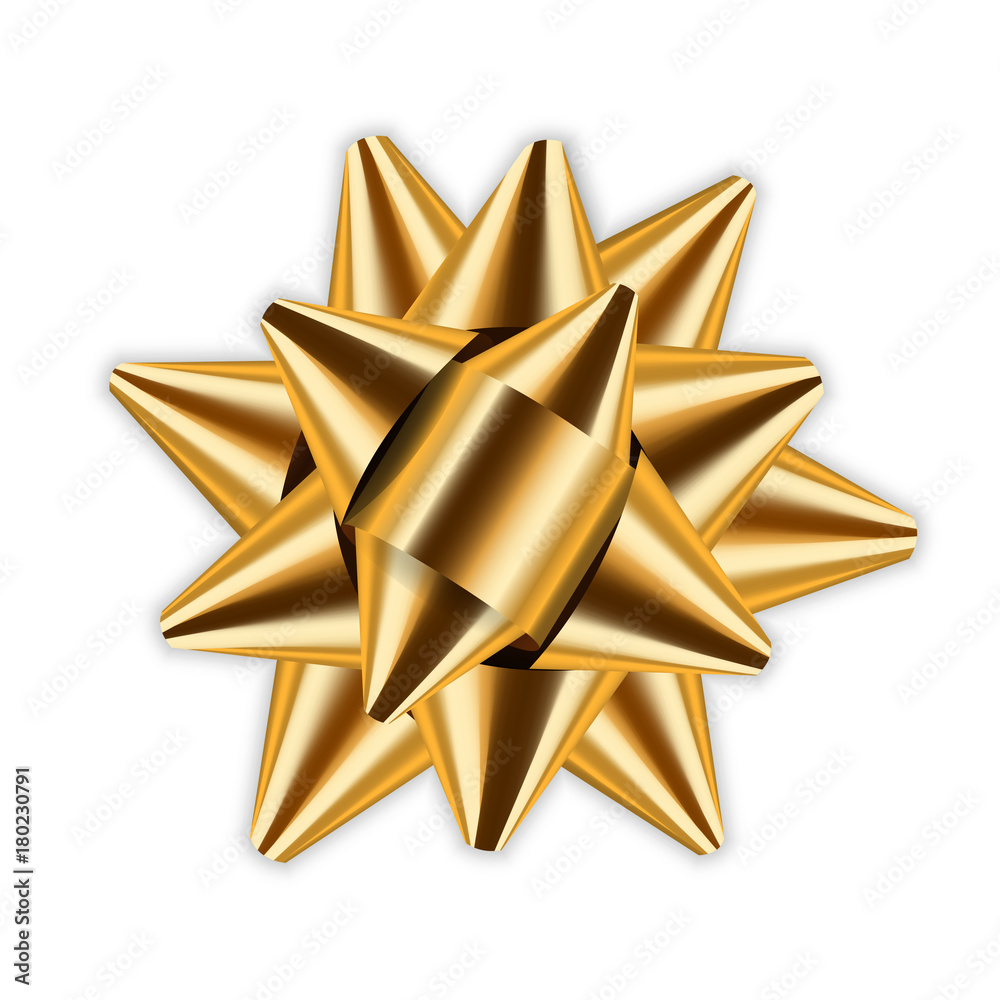 Gold bow ribbon decor element package. Shiny golden satin decoration gift present, holiday design, isolated white background. Symbol Christmas, New Year celebration, birthday Vector illustration Gold bow ribbon decor element package. Shiny golden satin decoration gift present, holiday design, isolated white background. Symbol Christmas, New Year celebration, birthday Vector illustration