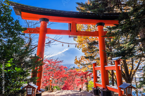 Foto 紅葉の新倉山浅間公園 赤い鳥居と富士山の風景 / Scenery of autumn leaves, Mt