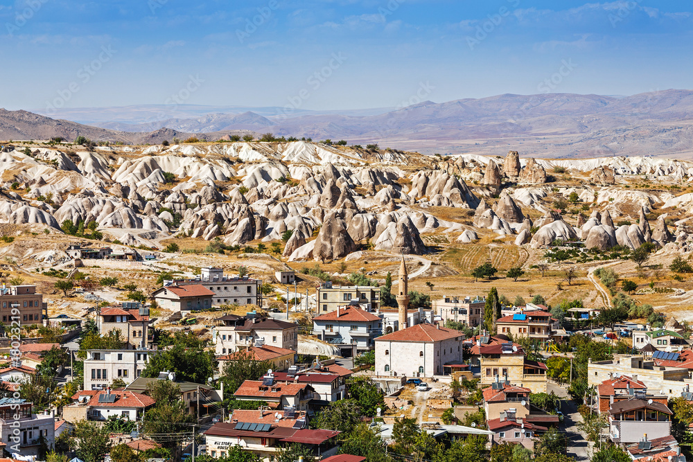 Distant view of the town of Goreme in Cappadocia, Turkey