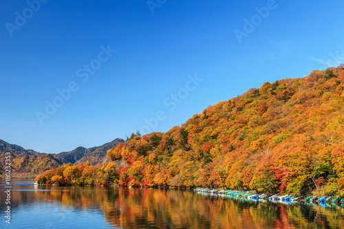 View of Chuzenji lake in autumn season with reflection water in Nikko, Japan
