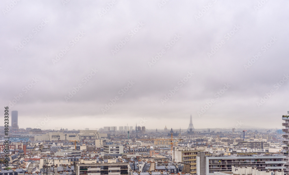 Aerial view of Paris skyline on a cloudy day - France