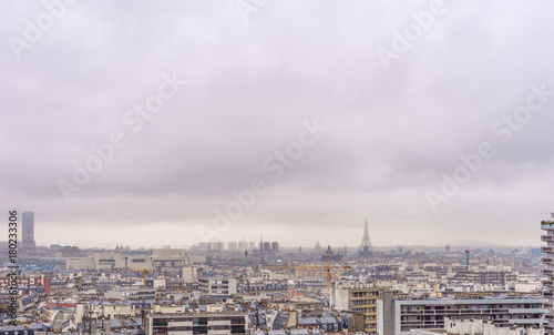 Aerial view of Paris skyline on a cloudy day - France