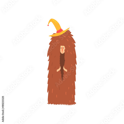 Freak man character in funny hairy brown costume and hat, freaky masquerade or carnival costume, creative party in crazy style cartoon vector Illustration