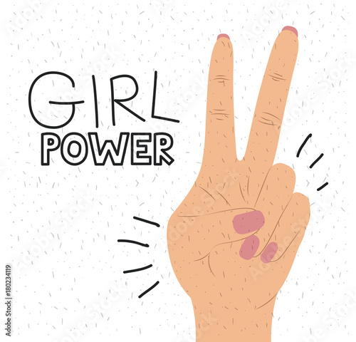 girl power poster text and hand in skin color making victory sign in front view