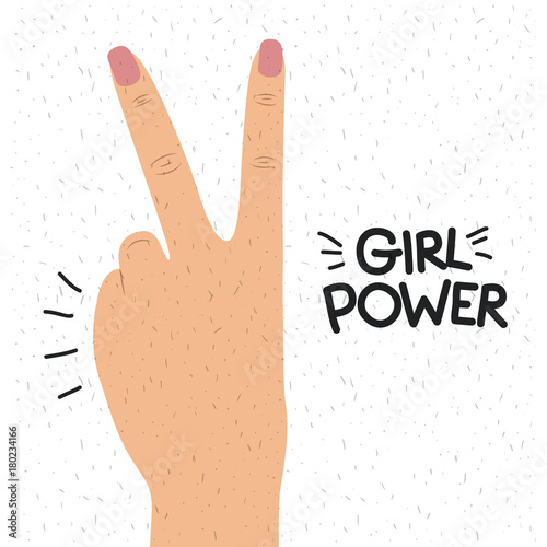 girl power poster text and hand in skin color making victory sign in back view