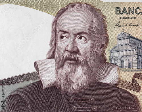 Galileo Galilei portrait on Italy 2000 lira (1983) banknote closeup macro, genius Italian scientist, mathematician, astronomer, philosopher and inventor, father of modern physics. photo