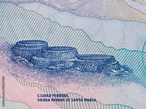 Lost City (Ciudad Perdida) on Colombia 50000 peso (2016) banknote closeup macro, Colombian money close up.. photo