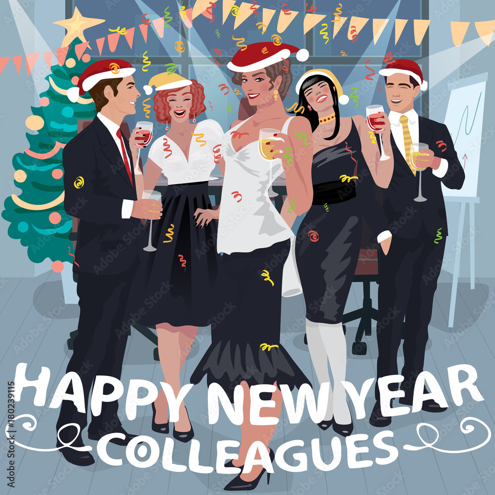 Fashionable employees in decorated office congratulate colleagues with