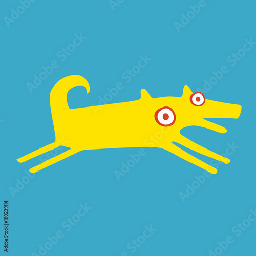 Funny yellow dog is running happily. Side view. Blue background. Hand draw cartoon art style
