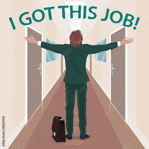 Happy new employee enjoys to got job. Worker with arms outstretched stands in long corridor of office in business center. Simplified realistic cartoon style