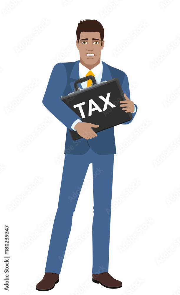 Businessman with two hands grabbed the briefcase and does not want to pay tax