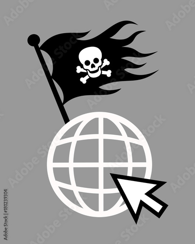 Internet and online world  as place for illegal piracy - downloading, streaming, sharing of data. Black pirate flag with skull and bones is waving on symbol of internet site. Vector illustration