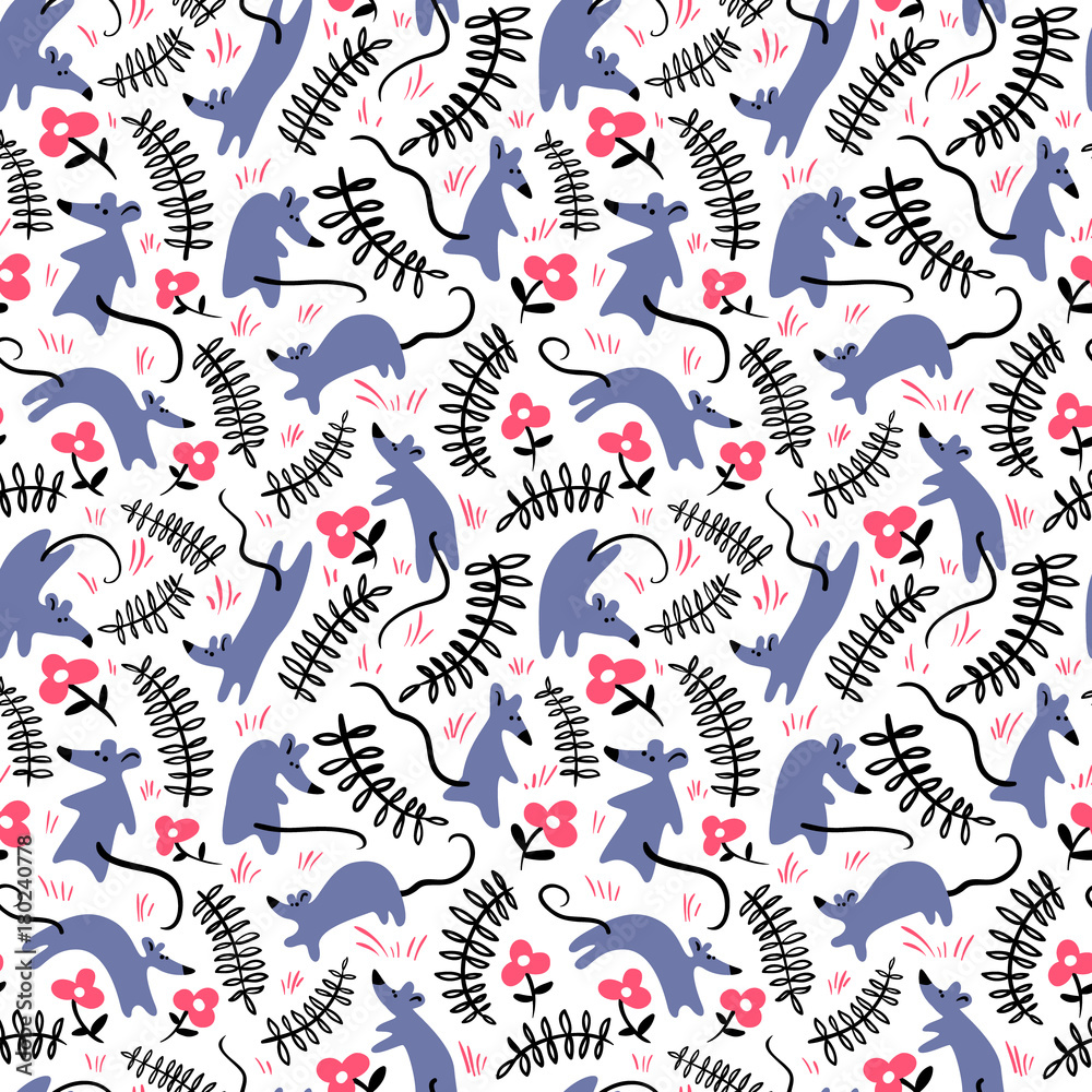 Obraz premium Seamless pattern with mouses. Background with cute rats in the grass. Floral vector illustration