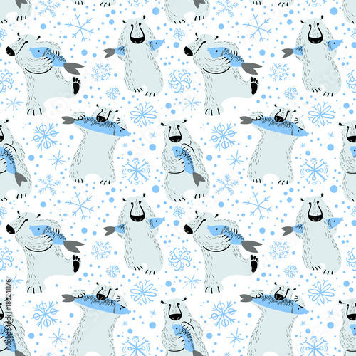 Polar bears seamless pattern with fish and snowflakes. Cute background wild antarctic and arctic animals.