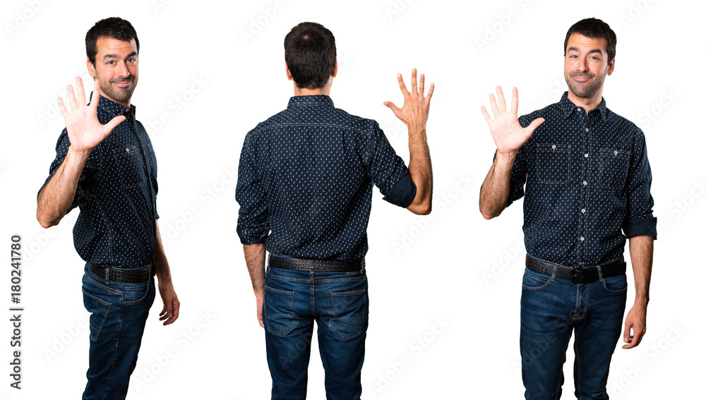 Set of Brunette man counting five Set of Brunette man counting five
