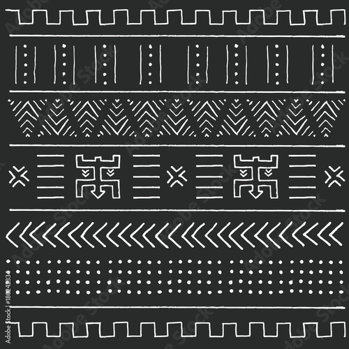 Black and white tribal ethnic pattern with geometric elements, traditional African mud cloth, tribal design
