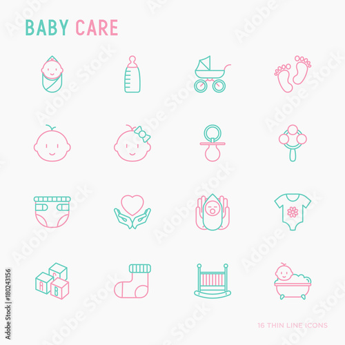 Baby care thin line icons set: newborn, diaper, pacifier, crib, footprints, bathtub with bubbles. Vector illustration.