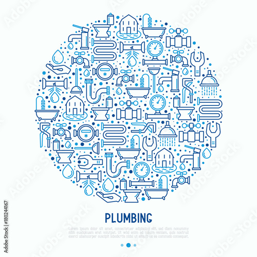 Wallpaper Mural Plumbing concept in circle with thin line icons of bathtub, shower, pipe, wrench, drop, leakage, meter, plunger. Modern vector illustration for banner, web page, print media. Torontodigital.ca