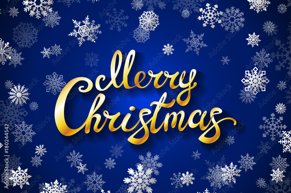 Merry Christmas gold glittering lettering design. blue background with white snowflake Vector illustration EPS 10
