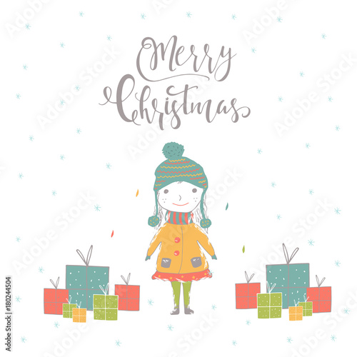 Merry Christmas cute greeting card with girl, presents and lettering quote
