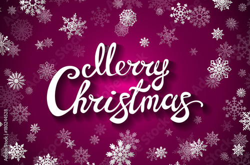 Merry Christmas glittering lettering design. Vector illustration EPS 10 snowflakes art red background