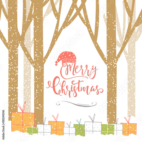 Merry Christmas cute greeting card with forest, presents and lettering quote