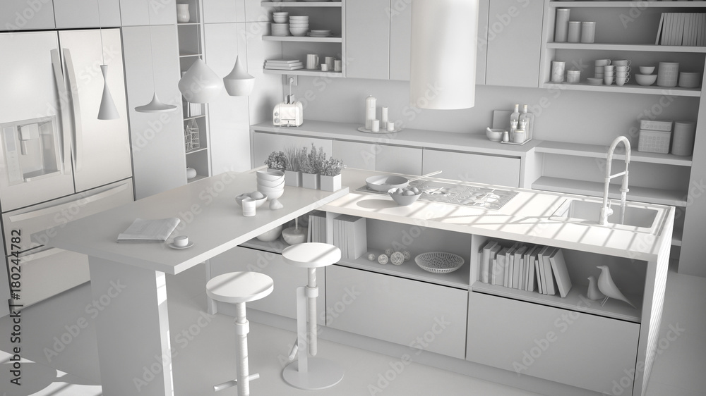 Total white project of modern wooden kitchen with wooden details, white minimalistic interior design Total white project of modern wooden kitchen with wooden details, white minimalistic interior design