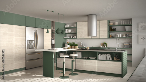 Modern wooden kitchen with wooden details  white and green minimalistic interior design