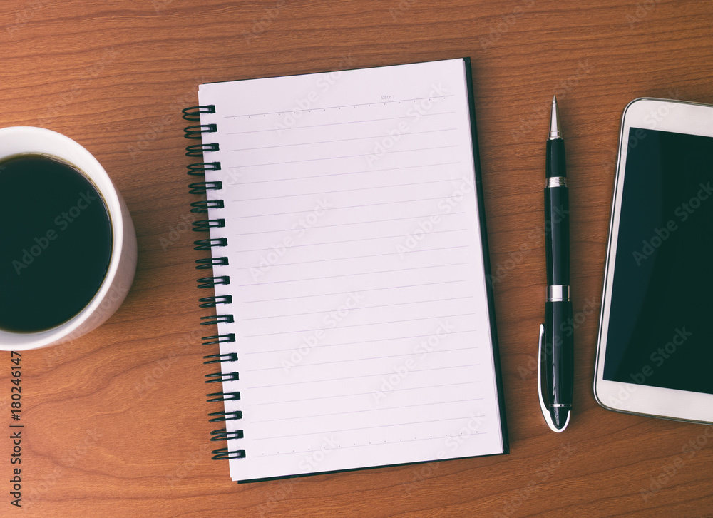 Blank Open Notepad With Coffee, Pen and Smart Phone. Blank Open Notepad With Coffee, Pen and Smart Phone.