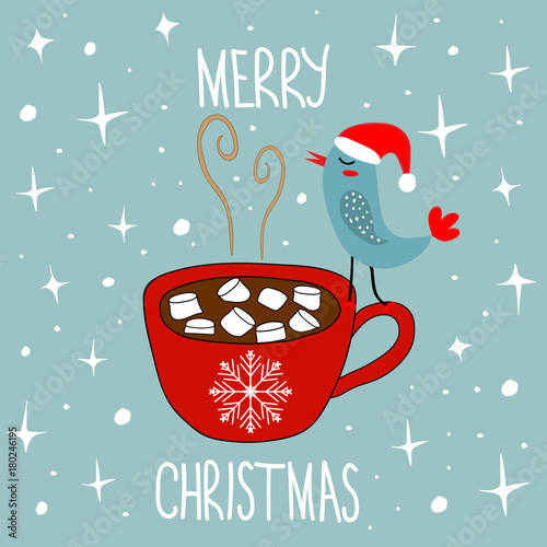 Hand Drawn Doodle Merry Christmas Card. Red Mug with Hot Chocolate Cocoa Marshmallows Kawaii Bird in Santa Claus Hat. White Stars Snow Flakes Baby Blue Background. Lettering.