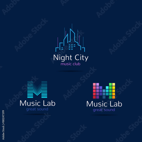Music club logo templates. Creative equalizer music studio brand signs and night city sign. Vector music production logotypes set