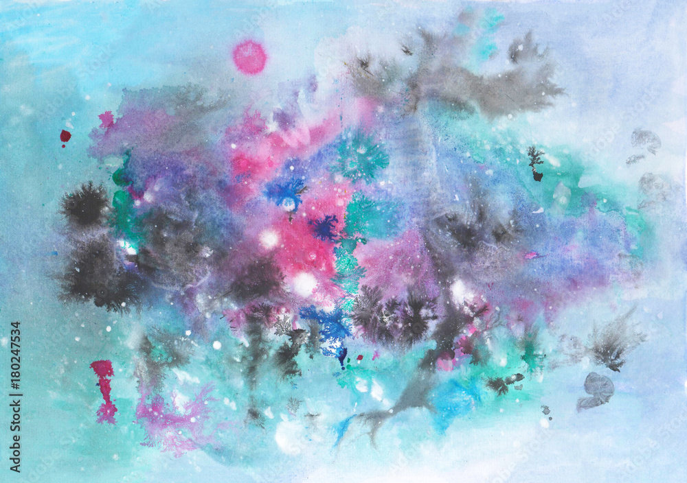 Abstract watercolor texture in bright colors with splashes and ink blots. Space background.