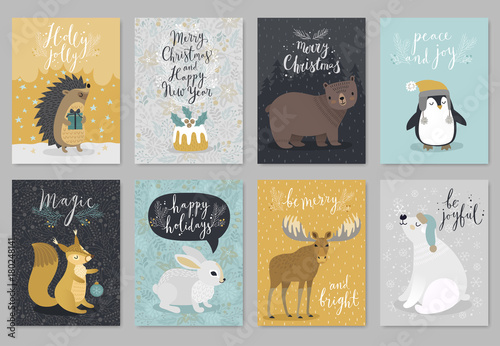 Christmas animals card set, hand drawn style.