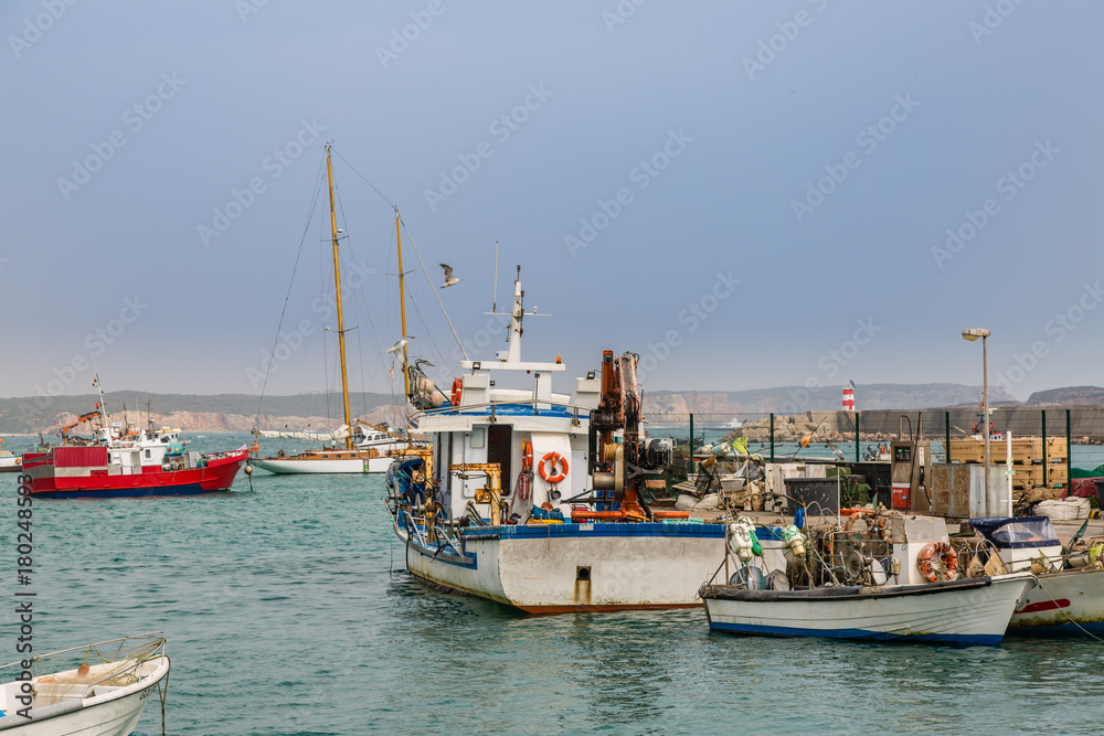 Fishing boats in the port of Sagres in the southwest cape of Europe.
