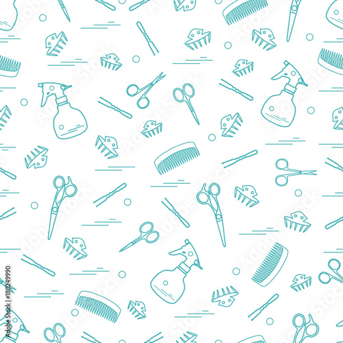 Cute pattern of scissors, combs, hairclip, hairpins and sprayer. For the provision of hairdressing services.
