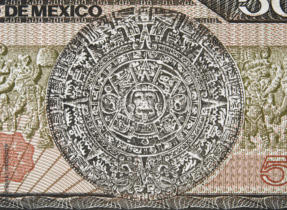 Aztec Calendar Sun Stone (Piedra del Sol) and Mayan bas-relief on Mexico 500 peso (1983) banknote, Mexican money closeup macro