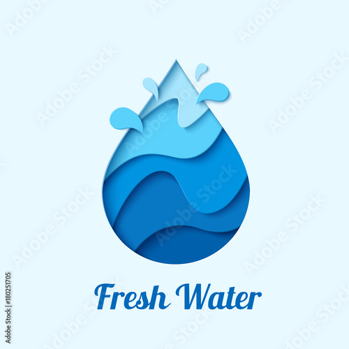 Fresh water - waterdrop logo design template. Vector abstract water drop paper cut style logotype. 
