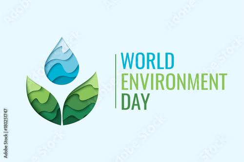 World Environment Day - vector abstract waterdrop concept. Save the water - ecology concept background with paper cut water drop and green leaves